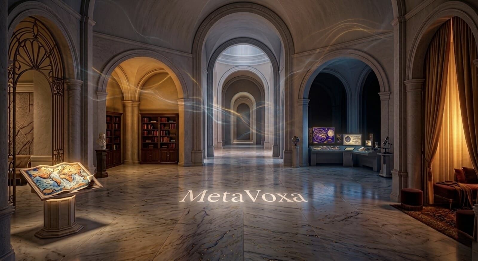 The MetaVoxa Atrium — a vaulted hall of arches opening onto further rooms